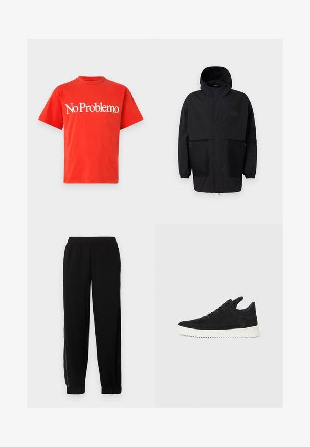 Sort hættetrøje lavet af letvægtsstof, med mesh-paneler, en frontlynlås og elastiske manchetter for justerbar pasform.; Rød bomulds T-shirt med korte ærmer og rund hals. Besk rev et fremtrædende hvidt tekst "No Problemo" på brystet. Glat tekstur.; Sorte joggingbukser lavet af blødt stof, med elastisk talje, afsluttede benkant og sidenetpaneler for ekstra ventilation.; Sort ruskinds sneaker med en hvid gummisål, der har tonalt syet detalje og snørredesign. Glat tekstur med en moderne, strømlinet form.