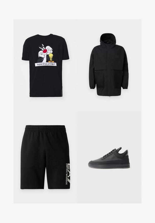 Μαύρο φούτερ τζάκετ από ελαφρύ ύφασμα, με πλέγμα, μπροστινό φερμουάρ και ελαστικούς καρπούς για ρυθμιζόμενη εφαρμογή.; Μαύρη βαμβακερή μπλούζα με κοντό μανίκι, που διαθέτει γραφικό σχέδιο με τον Σιλβέστερ και τον Τούιτι, συνοδευόμενο από φράση στην ομιλία.; EA7 Emporio Armani TRAIN VISIBILITY - Σορτς - black/cream; Μαύρα δερμάτινα αθλητικά παπούτσια με υφή, σχέδιο με κορδόνια, χαμηλό σχέδιο και γκρι καουτσούκ σόλα με ραβδωτή άκρη.