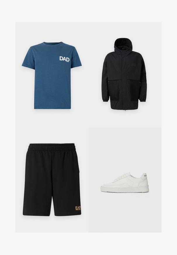 Musthave musta kapuutsiga jakk, mis on valmistatud kergest kangast, koos võrgupaneelide, ees oleva tõmbluku ja elastsete mansettidega kohandatava sobivuse jaoks.; Sinine puuvillane T-särk lühikeste varrukatega ja ümmarguse kaelusega, millel on vasakul rinnal valge "DAD" trükitud tekst.; Mustad mustad lühikesed püksid, mis on valmistatud pehmest kangast. Omavad elastset vöökohta ja väikest kollast EA7 logo vasakul jalal.; Valge nahast tennis, millel on sile põhi, ümar varvas, lamedad nöörid ja tekstuuriline tall. Sisaldab diskreetset logo kontsaribal.