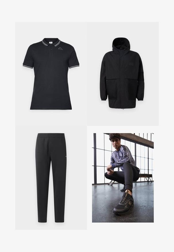 Musthave musta kapuutsiga jakk, mis on valmistatud kergest kangast, koos võrgupaneelide, ees oleva tõmbluku ja elastsete mansettidega kohandatava sobivuse jaoks.; Must mõõdus must T-särk, mis on valmistatud puuvillast, kahest nupust esitusega, kontrastse valge äärisega krael ja varrukatel ning tikandiga logoga.; Mustad jogger pants pehmest kangast, millel on elastne vöökoht, sirged sääred ja üks väike logodetail küljel.; EA7 Emporio Armani Tossud - black