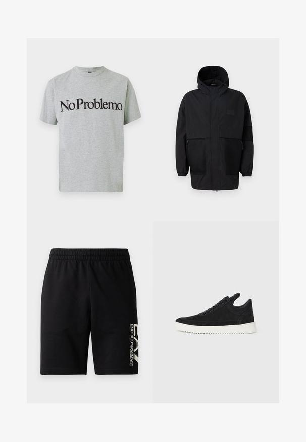 Zwarte capuchonjas gemaakt van lichtgewicht stof, met meshpanelen, een voorrits en elastische manchetten voor een verstelbare pasvorm.; Grijze katoenen T-shirt met korte mouwen en een ronde hals, met zwart tekst die "No Problemo" prominent over de voorkant staat.; EA7 Emporio Armani TRAIN VISIBILITY  - Shorts - black/cream; Zwarte suède sneakers met een witte rubberen zool, voorzien van tonale stiksels en een vetersluiting. Glad oppervlak met een moderne, gestroomlijnde vorm.