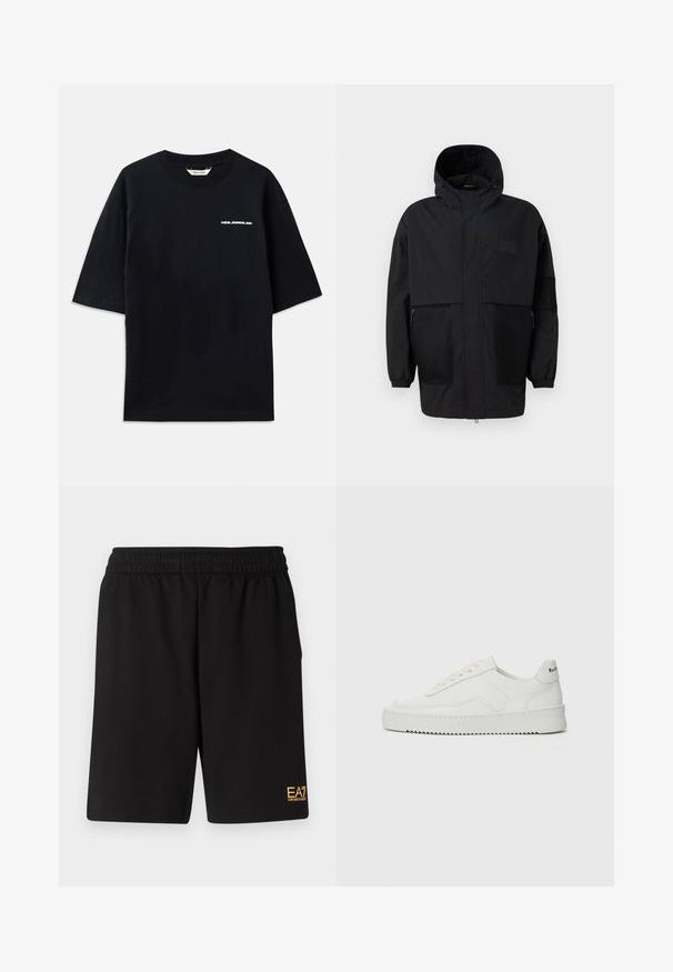 Juodas gobtuvu džemperis, pagamintas iš lengvo audinio, turi tinklinės juosteles, priekinį užtrauktuką ir elastingus rankogalius, leidžiančius pritaikyti dydį.; Juodas medvilninis marškinėlis trumpomis rankovėmis, apvaliu iškirpimu ir mažuoju baltu "HOLZWEILER" logotipu priekyje, pasižymintis laisvu siluetu.; Juoda sportinė šortai, pagaminti iš minkštos medžiagos, su elastingu diržu ir maža geltona EA7 logo apatinėje kairėje kojoje.; Balti odiniai sportiniai bateliai su lygia apdaila, apvaliu pirštu, plokščiais raišteliais ir tekstūruotu padu. Pasižymi subtiliu logotipu ant kulno.