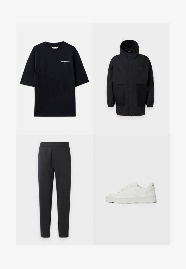 Musthave musta kapuutsiga jakk, mis on valmistatud kergest kangast, koos võrgupaneelide, ees oleva tõmbluku ja elastsete mansettidega kohandatava sobivuse jaoks.; Must musta T-särk lühikeste varrukatega, ümmarguse kaelusega ja ees väikese valge "HOLZWEILER" logoga, omades lõdva lõiget.; Mustad jogger pants pehmest kangast, millel on elastne vöökoht, sirged sääred ja üks väike logodetail küljel.; Valge nahast tennis, millel on sile põhi, ümar varvas, lamedad nöörid ja tekstuuriline tall. Sisaldab diskreetset logo kontsaribal.