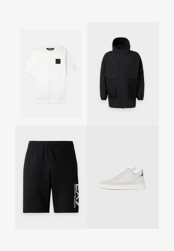 Črna kapuča jakna iz lahkega materiala, ki ima mrežaste panele, sprednje zadrgo in elastične manšete za prilagodljiv fit.; Bela bombažna majica s kratkimi rokavi, ki ima črn kvadratni logotip na levem prsnem delu. Okrogla izrezana ovratnica, sproščen kroj.; EA7 Emporio Armani TRAIN VISIBILITY - Kratke hlače - black/cream; Beli usnjeni športni čeveljčki z sivo alkantaro, z vezalkami, z ježkom in teksturiranim gumijastim podplatom s cik-cak vzorcem.
