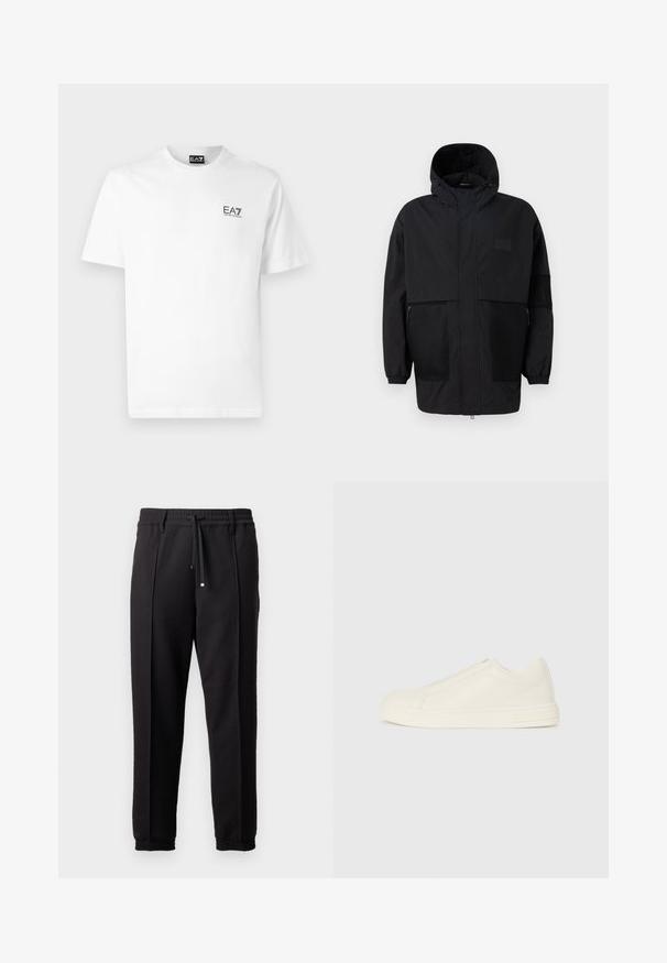 Melnā kapučjaka, kas izgatavota no viegla auduma, ar acs paneļiem, priekšējo rāvējslēdzēju un elastīgām aprocēm, kas nodrošina regulējamu piegulšanu.; Balta kokvilnas T-kreklā ar apaļu kakla izgriezumu, īsām piedurknēm un melnu EA7 logo kreisajā krūtī. Gluda, vienkārša tekstūra.; Melni bikses ar jostu, staipāmu un elastīgām aprocēm. Ar krokām un gludu, teksturētu audumu.; Zema auguma beigu ādas sporta apavi ar apaļu purngalu, minimālu šuvju un sānu rāvējslēdzēju uz balta fona.