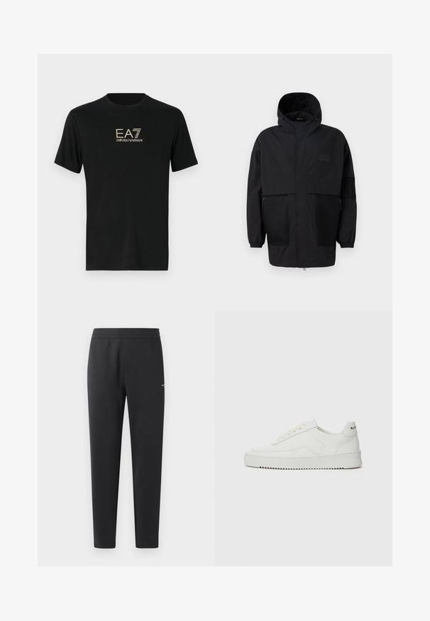 Melnā kapučjaka, kas izgatavota no viegla auduma, ar acs paneļiem, priekšējo rāvējslēdzēju un elastīgām aprocēm, kas nodrošina regulējamu piegulšanu.; Melnā T-kreklā, kas izgatavots no gludas kokvilnas, ar īsām piedurknēm, ar kontrastējošu zelta EA7 un Emporio Armani logotipu priekšpusē.; Melni sporta bikses, kas izgatavotas no mīkstas auduma, ar elastīgu jostasvietu, taisnām kājām un nelielu logotipa detaļu sānos.; Baltas ādas sneakers ar gludu virsmu, apaļu pirkstu daļu, plakaniem šņorēm un teksturētu zoli. Satur diskrētu logotipu uz papēža.