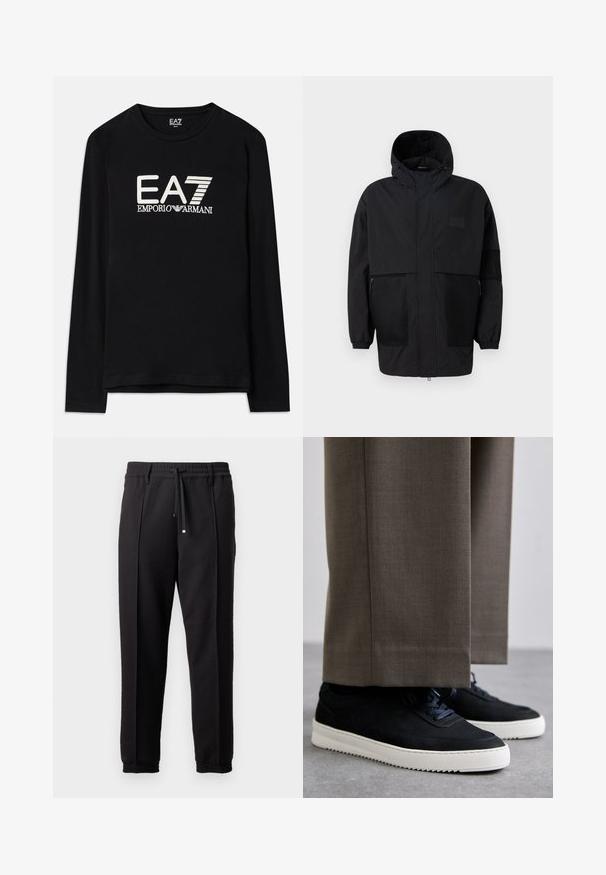 Čierna kapucňová bunda vyrobená z ľahkého materiálu, s priehľadnými panelmi, predným zipsom a elastickými manžetami pre nastaviteľné prispôsobenie.; Čierna dlhá rukávová košeľa s bielym výšivkou loga EA7 a Emporio Armani. Mäkká látka s okrúhlym výstrihom a rovnou spodnou líniou.; Čierne nohavice s pásom, šnúrkou na stiahnutie a elastickými manžetami. Obsahujú pútkové prešitia a hladkú, textúrovanú látku.; Čierne semišové tenisky s bielymi gumovými podrážkami, s okrúhlym prstom a šnúrkami, nosené s šedými vypracovanými nohavicami.