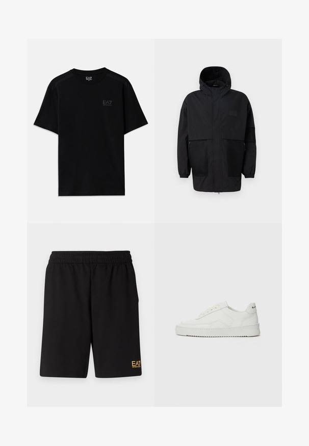 Czarna kurtka z kapturem, wykonana z lekkiego materiału, z siateczkowymi panelami, z zamek błyskawicznym z przodu oraz elastycznymi mankietami dla regulowanego dopasowania.; Czarna bawełniana koszulka z krótkim rękawem, z delikatnym logo na klatce piersiowej i teksturowanymi akcentami na ramionach. Klasyczny krój.; Czarne sportowe szorty wykonane z miękkiego materiału, z elastycznym paskiem w talii oraz małym, żółtym logo EA7 na dolnej lewej nodze.; Białe skórzane sneakersy o gładkim wykończeniu, okrągłym nosku, płaskich sznurówkach i teksturowanej podeszwie. Charakteryzują się delikatnym logo na pięcie.