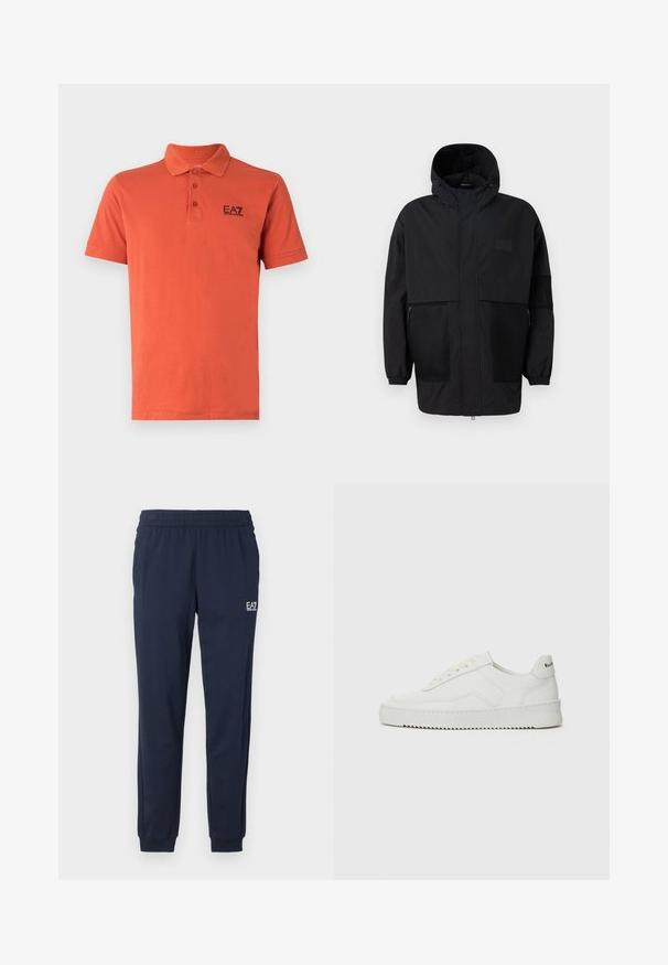Svart hettejakke laget av lettvektig stoff, med mesh-paneler, en front glidelås og elastiske mansjetter for justerbar passform.; Oransje polo skjorte laget av bomull, med krage, tre knapper, og en svart EA7-logo på venstre bryst. Korte ermer med en glatt tekstur.; Marineblå joggebukser med elastisk midje og mansjetter. Har en liten hvit logo på venstre ben. Laget av et mykt, elastisk materiale.; Hvite lærersneakers med en jevn overflate, rund tå, flate lisser og en teksturert såle. Har en subtil logo på hælen.