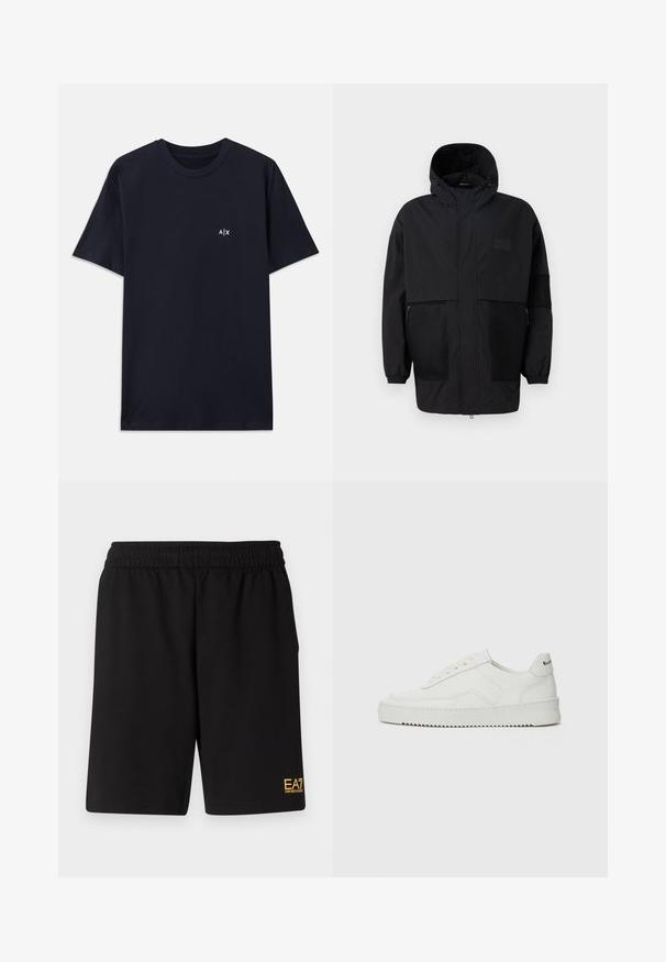 Casaco preto com capuz, feito de um tecido leve, apresentando painéis de malha, um fecho éclair frontal e punhos elásticos para um ajuste ajustável.; T-shirt de algodão azul-marinho com mangas curtas e gola redonda. Apresenta um pequeno logótipo branco "A|X" na parte esquerda do peito.; Calções desportivos pretos feitos de um tecido suave, com um cós elástico e um pequeno logótipo amarelo EA7 na parte inferior da perna esquerda.; Sapatilha de couro branco com acabamento suave, bico redondo, atacadores planos e uma sola texturizada. Apresenta um logotipo discreto no calcanhar.