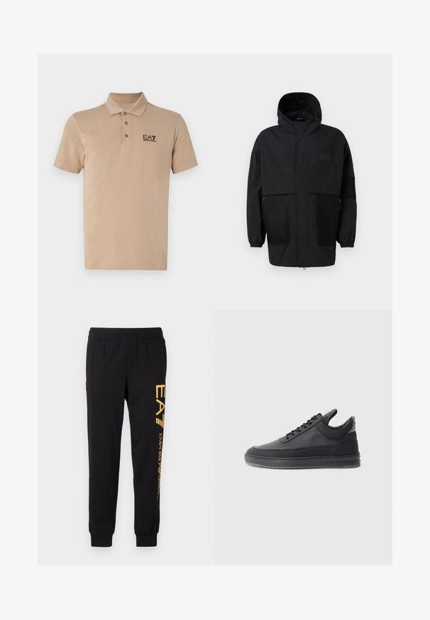 Čierna kapucňová bunda vyrobená z ľahkého materiálu, s priehľadnými panelmi, predným zipsom a elastickými manžetami pre nastaviteľné prispôsobenie.; Svetlo béžová polo tričko vyrobené z bavlny. Má klasický golier, tri gombíky na priekope, krátke rukávy a čierne logo EA7 na hrudi.; Čierne teplákové nohavice vyrobené z mäkkej látky, s elastickým pásom a sťahovacími členkami. Žlté logo tlačené vertikálne na ľavej nohe.; Čierne kožené tenisky s textúrovaným povrchom, viazacím dizajnom, nízkym strihom a šedou gumovou podrážkou s drážkovaným okrajom.
