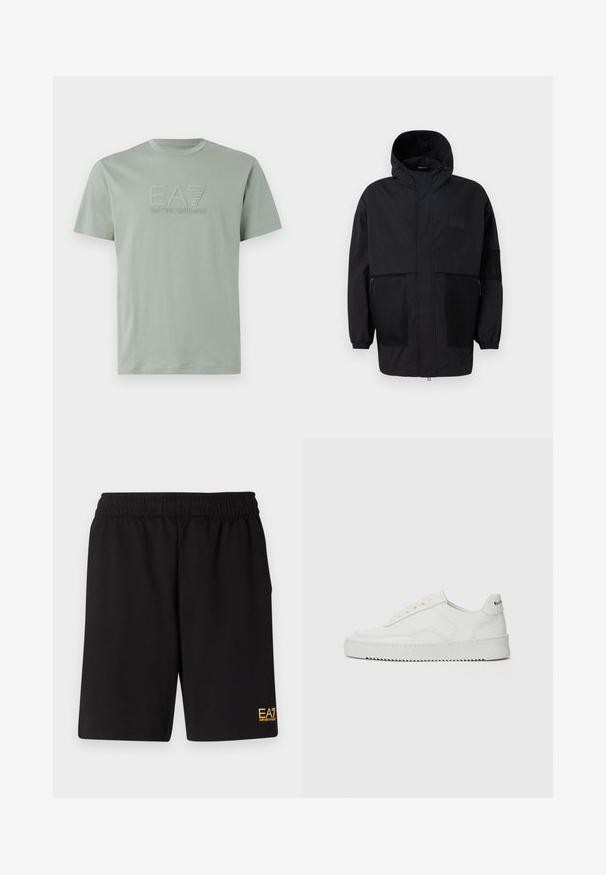 Melnā kapučjaka, kas izgatavota no viegla auduma, ar acs paneļiem, priekšējo rāvējslēdzēju un elastīgām aprocēm, kas nodrošina regulējamu piegulšanu.; Gaiza zaļa kokvilnas T-kreklu ar īsām piedurknēm. Priekšpusē ir izliekts logo ar vārdiem "EA7 Emporio Armani". Apaļš kakla izgriezums.; Melnas sporta šortus, kas izgatavoti no mīksta auduma, ar elastīgu jostu un mazu dzeltenu EA7 logo zem kreisā kājas stūra.; Baltas ādas sneakers ar gludu virsmu, apaļu pirkstu daļu, plakaniem šņorēm un teksturētu zoli. Satur diskrētu logotipu uz papēža.