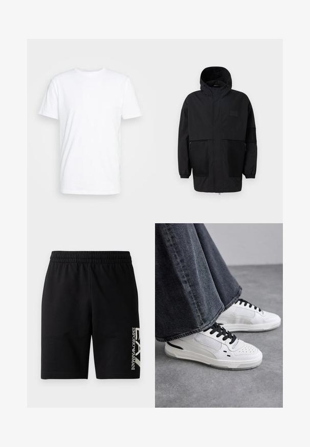 Zwarte capuchonjas gemaakt van lichtgewicht stof, met meshpanelen, een voorrits en elastische manchetten voor een verstelbare pasvorm.; Witte katoenen t-shirt met een klassieke ronde hals, korte mouwen en een soepele textuur; geen patronen of zichtbare logo's.; EA7 Emporio Armani TRAIN VISIBILITY - Shorts - black/cream; Witte sneakers met zwarte veters en mesh-details. Beschikt over een gladde leren bovenkant en een gestructureerde rubberen zool. Gepaard met brede grijze jeans.