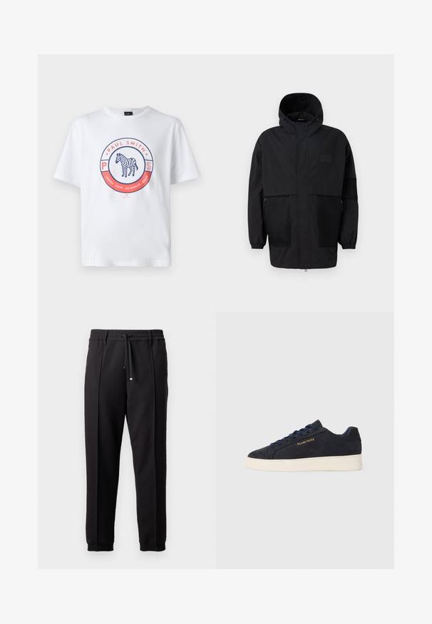 Μαύρο φούτερ τζάκετ από ελαφρύ ύφασμα, με πλέγμα, μπροστινό φερμουάρ και ελαστικούς καρπούς για ρυθμιζόμενη εφαρμογή.; Λευκό βαμβακερό μπλουζάκι με κυκλική γραφική απεικόνιση. Ο κεντρικός σχεδιασμός περιλαμβάνει το κείμενο "Paul Smith" και μια εικονογραφημένη ζέβρα μέσα στον κύκλο.; Μαύρο παντελόνι με ζώνη, κορδόνι και ελαστικές μανσέτες. Διαθέτει πτυχώσεις και μαλακό, υφή ύφασμα.; Ναυτικό μπλε σουέτ χαμηλά πάνινα παπούτσια με λευκή σόλα, ναυτικά κορδόνια και λογότυπο "Filling Pieces" σε χρυσό στο πλάι.