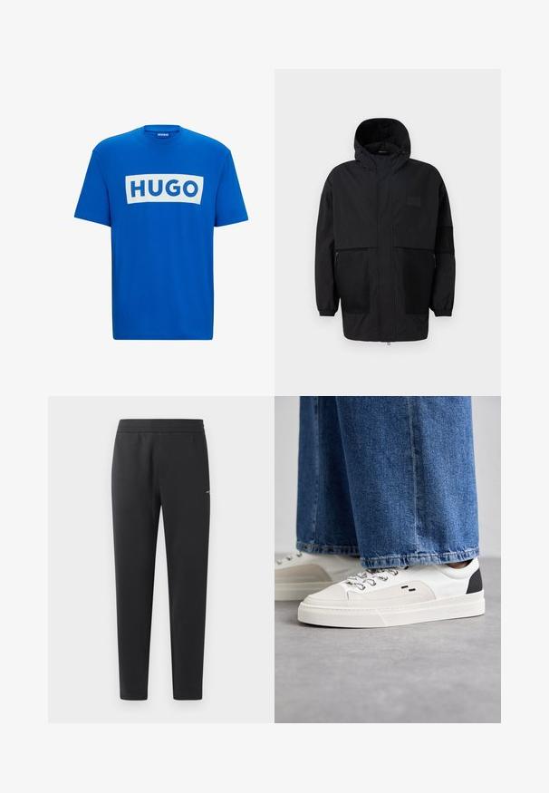 Chaqueta negra con capucha hecha de un tejido ligero, con paneles de malla, cremallera frontal y puños elásticos para un ajuste ajustable.; Camiseta de algodón azul con un gran gráfico rectangular blanco que presenta el texto "HUGO" en letras azules en negrita. Cuello de barco clásico y mangas cortas.; Pantalones de chándal negros hechos de una tela suave, con una cintura elástica, perneras rectas y un pequeño detalle del logo en el lateral.; Zapatillas blancas y negras con una parte superior de cuero suave, acentos texturizados y una suela blanca gruesa. Presenta un diseño clásico de cordones.