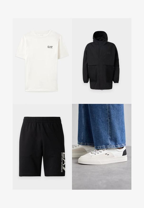 Sort hættetrøje lavet af letvægtsstof, med mesh-paneler, en frontlynlås og elastiske manchetter for justerbar pasform.; Hvid bomulds T-shirt med korte ærmer, rund halsudskæring og et lille sort EA7-logo på venstre bryst. Glat tekstur, almindelig pasform.; EA7 Emporio Armani TRAIN VISIBILITY - Shorts - black/cream; Hvide og sorte sneakers med en glat læderoverdel, teksturerede detaljer og en kraftig hvid sål. Har et klassisk snørebåndsdesign.