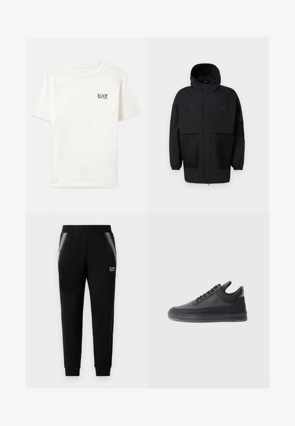 Zwarte capuchonjas gemaakt van lichtgewicht stof, met meshpanelen, een voorrits en elastische manchetten voor een verstelbare pasvorm.; Witte katoenen T-shirt met korte mouwen, een ronde hals en een klein zwart EA7-logo op de linkerborst. Glad textuur, standaard pasvorm.; Zwarte taps toelopende sweatpants met ritszakken aan de zijkanten, gestreepte paneelaccenten, elastische tailleband en EA7 Emporio Armani-logo op de rechterdij.; Zwarte leren sneakers met een textuur oppervlak, vetersluiting, een lage schacht en een grijze rubberen zool met een geribbelde rand.