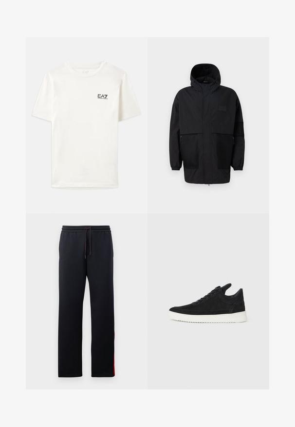 Musta huppari, joka on valmistettu kevyestä kankaasta, sisältäen verkkopaneeleja, etuvetoketjun ja joustavat hihansuut säädettävää istuvuutta varten.; Valkoinen puuvillainen t-paita lyhyillä hihoilla, pyöreällä kaula-aukolla ja pienellä mustalla EA7-logolla vasemmassa rinnassa. Sujuva kangas, normaali istuvuus.; Mustat collegehousut, joissa on kiristysnauha vyötäröllä, kaventuvat lahkeet ja punaiset korostusraidat sivuilla. Pehmeä, joustava kangas, jossa on sileä pintakudos.; Mustat mokkasiinikenkiä valkoisella kumipohjalla, jossa on sävy sävyyn ompelu ja nauhakiinnitys. Sujuva pinta ja moderni, virtaviivainen muoto.