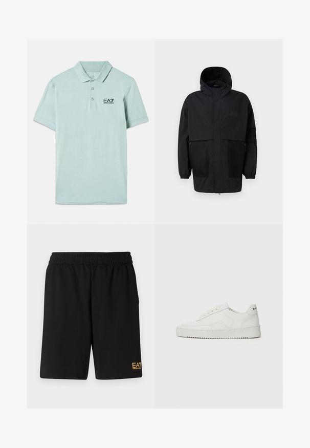 Μαύρο φούτερ τζάκετ από ελαφρύ ύφασμα, με πλέγμα, μπροστινό φερμουάρ και ελαστικούς καρπούς για ρυθμιζόμενη εφαρμογή.; Ανοιχτό μέντα πόλο μπλουζάκι από βαμβάκι. Διαθέτει κουμπωτό γιακά, κοντά μανίκια και μαύρο κεντητό λογότυπο στο στήθος.; Μαύρες αθλητικές βερμούδες από μαλακό ύφασμα, με ελαστική μέση και μικρό λογότυπο EA7 στο κάτω αριστερό πόδι.; Λευκό δερμάτινο sneakers με λείο φινίρισμα, στρογγυλή μύτη, επίπεδα κορδόνια και υφή στην σόλα. Φέρει μια διακριτική λογότυπο στη φτέρνα.