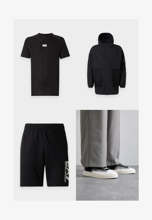 Svart hettejakke laget av lettvektig stoff, med mesh-paneler, en front glidelås og elastiske mansjetter for justerbar passform.; Svart T-skjorte med korte ermer, med et subtilt ton-i-ton-mønster og en liten hvit EA7-logo på brystet. Laget av et lett og pustende stoff.; EA7 Emporio Armani TRAIN VISIBILITY - Shorts - black/cream; Filling Pieces RIVIERA - Joggesko - grey