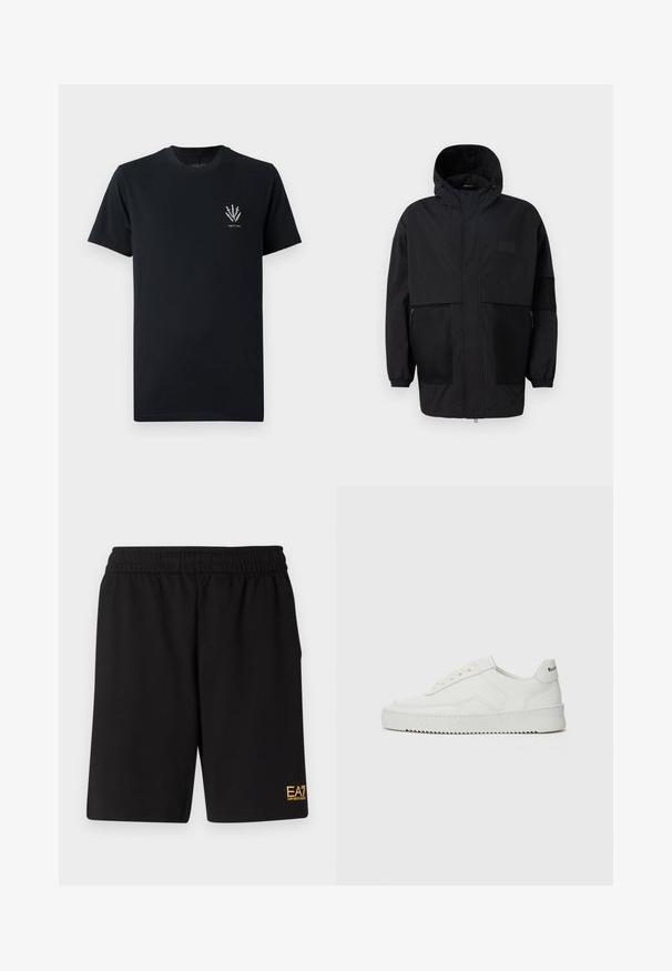 Black hooded jacket made from lightweight fabric, featuring mesh panels, a front zipper, and elastic cuffs for adjustable fit.; Black cotton t-shirt with a crew neck, short sleeves, and a small graphic of swords in white on the left chest area.; Black athletic shorts made of soft fabric,Featuring an elastic waistband and a small yellow EA7 logo on the lower left leg.; White leather sneaker with a smooth finish, round toe, flat laces, and a textured sole. Features a subtle logo on the heel.