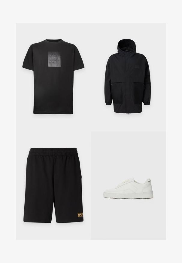 Juodas gobtuvu džemperis, pagamintas iš lengvo audinio, turi tinklinės juosteles, priekinį užtrauktuką ir elastingus rankogalius, leidžiančius pritaikyti dydį.; Juodas medvilninis marškinėlis su kvadratiniu, struktūrizuotu grafiniu piešiniu priekyje, kuriame pavaizduotas stilizuotas logotipas. Trumpomis rankovėmis ir apvaliu iškirpimu.; Juoda sportinė šortai, pagaminti iš minkštos medžiagos, su elastingu diržu ir maža geltona EA7 logo apatinėje kairėje kojoje.; Balti odiniai sportiniai bateliai su lygia apdaila, apvaliu pirštu, plokščiais raišteliais ir tekstūruotu padu. Pasižymi subtiliu logotipu ant kulno.