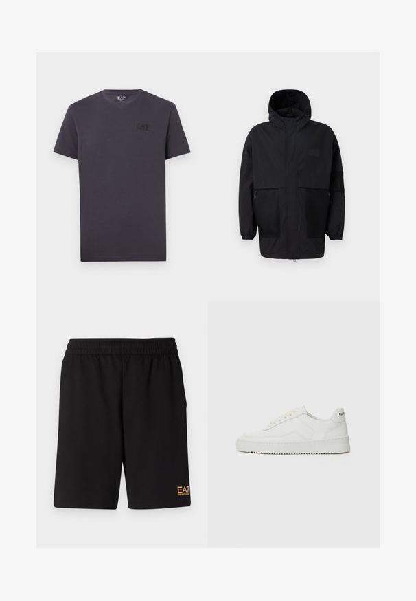 Juodas gobtuvu džemperis, pagamintas iš lengvo audinio, turi tinklinės juosteles, priekinį užtrauktuką ir elastingus rankogalius, leidžiančius pritaikyti dydį.; Tamsiai pilkas trumpomis rankovėmis marškinėliai su v-kaklu ir maža juoda logotipu kairėje krūtinės pusėje. Pagaminti iš lygaus, švelnaus medvilninio audinio.; Juoda sportinė šortai, pagaminti iš minkštos medžiagos, su elastingu diržu ir maža geltona EA7 logo apatinėje kairėje kojoje.; Balti odiniai sportiniai bateliai su lygia apdaila, apvaliu pirštu, plokščiais raišteliais ir tekstūruotu padu. Pasižymi subtiliu logotipu ant kulno.