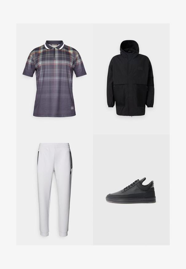 Casaco preto com capuz, feito de um tecido leve, apresentando painéis de malha, um fecho éclair frontal e punhos elásticos para um ajuste ajustável.; Camisa polo de manga curta em tons escuros com padrão de xadrez. Apresenta um colarinho com fecho de correr e acabamento branco em contraste. Feita de tecido respirável.; Calças de fato de treino brancas com um cinto elástico, dois bolsos laterais, detalhes de fecho éclair pretos e punhos canelados nos tornozelos. Textura suave.; Sapatilhas de couro preto com uma superfície texturizada, design de atacadores, cano baixo, e uma sola de borracha cinza com uma borda estriada.