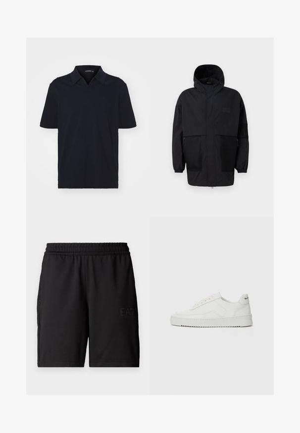 Czarna kurtka z kapturem, wykonana z lekkiego materiału, z siateczkowymi panelami, z zamek błyskawicznym z przodu oraz elastycznymi mankietami dla regulowanego dopasowania.; Granatowa koszulka polo z krótkim rękawem wykonana z bawełny, z klasycznym kołnierzykiem i subtelnym logo na piersi. Gładka tekstura, regularny krój.; Czarne sportowe szorty wykonane z lekkiego materiału, z elastycznym paskiem w talii i siateczkowymi panelami bocznymi. Logo marki nadrukowane z przodu.; Białe skórzane sneakersy o gładkim wykończeniu, okrągłym nosku, płaskich sznurówkach i teksturowanej podeszwie. Charakteryzują się delikatnym logo na pięcie.