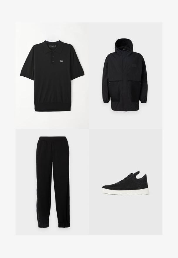 Chaqueta negra con capucha hecha de un tejido ligero, con paneles de malla, cremallera frontal y puños elásticos para un ajuste ajustable.; Camisa polo negra de manga corta, hecha de tejido suave. Presenta una tapeta de botones y un pequeño logo blanco "D2" en el pecho.; Pantalones de chándal negros hechos de un tejido suave, con una cinturilla elástica, dobladillos ajustados y paneles de malla en los lados para una mayor ventilación.; Zapatilla de ante negra con suela de goma blanca, que presenta costuras en el mismo tono y un diseño de cordones. Textura suave con una forma moderna y aerodinámica.