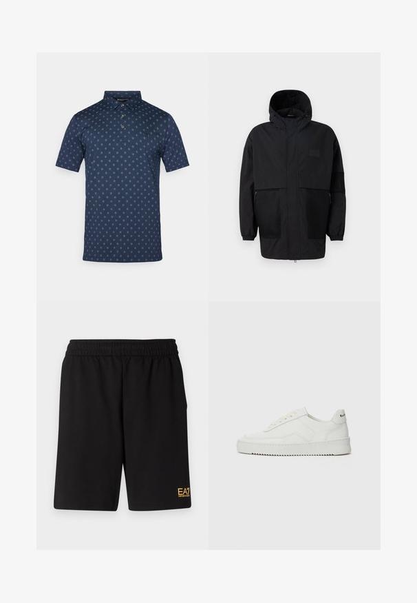 Sort hættetrøje lavet af letvægtsstof, med mesh-paneler, en frontlynlås og elastiske manchetter for justerbar pasform.; Marine polo skjorte i bomuldsblanding med korte ærmer, knapkrave og gentagende lys blå blomstermønster over hele. Har et lille logo.; Sorte atletiske shorts lavet af blødt stof, med en elastisk talje og et lille gult EA7-logo nederst på venstre ben.; Hvide lædersneakers med en glat overflade, rund tå, flade snørebånd og en tekstureret sål. Har et diskret logo på hælen.