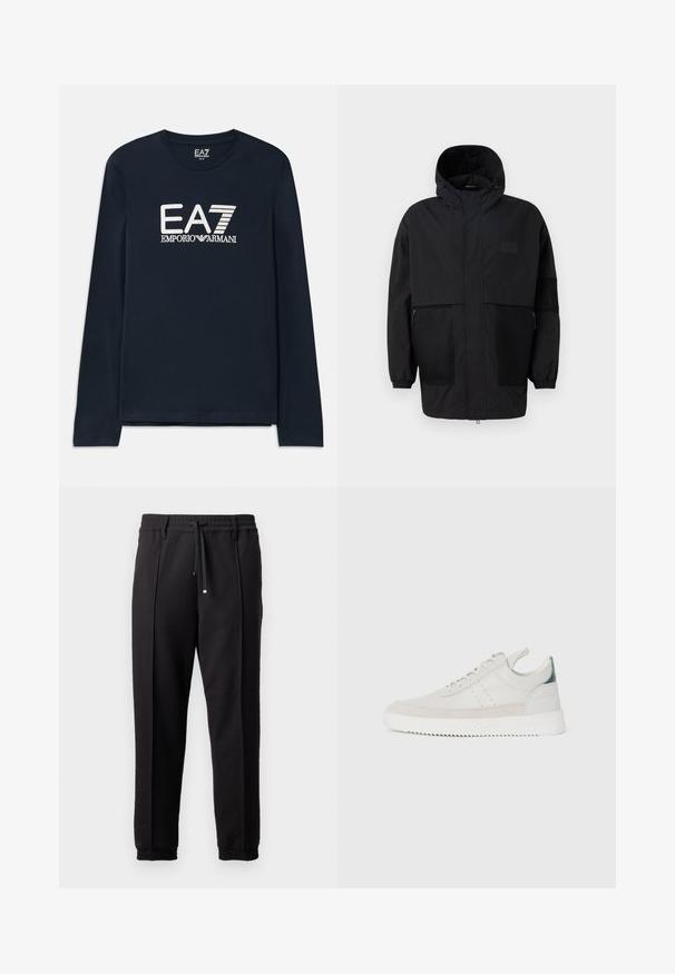 Melnā kapučjaka, kas izgatavota no viegla auduma, ar acs paneļiem, priekšējo rāvējslēdzēju un elastīgām aprocēm, kas nodrošina regulējamu piegulšanu.; Tumšā zila garām piedurknēm t-krekls no kokvilnas ar apaļu kaklu. Priekšā ir EA7 Emporio Armani logotips baltā krāsā. Taisna apakšmala bez rotājumiem.; Melni bikses ar jostu, staipāmu un elastīgām aprocēm. Ar krokām un gludu, teksturētu audumu.; Baltas ādas sporta apavi ar pelēka zamšādas akcentiem, saistoša dizaina, ar vilkšanas cilpu un teksturētu gumijas zoli, kas raksturojas ar zigzag rakstu.