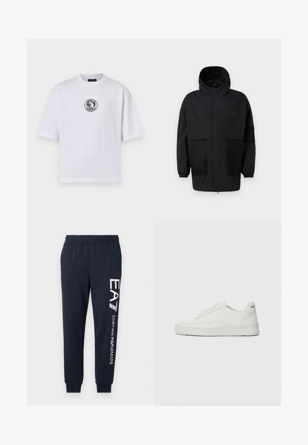Black hooded jacket made from lightweight fabric, featuring mesh panels, a front zipper, and elastic cuffs for adjustable fit.; White cotton t-shirt with short sleeves, featuring a circular black graphic logo on the front. Crew neck design, relaxed fit.; Navy blue cotton joggers with an elastic waistband, tapered legs, and contrasting white EA7 and Emporio Armani logos printed along the side.; White leather sneaker with a smooth finish, round toe, flat laces, and a textured sole. Features a subtle logo on the heel.