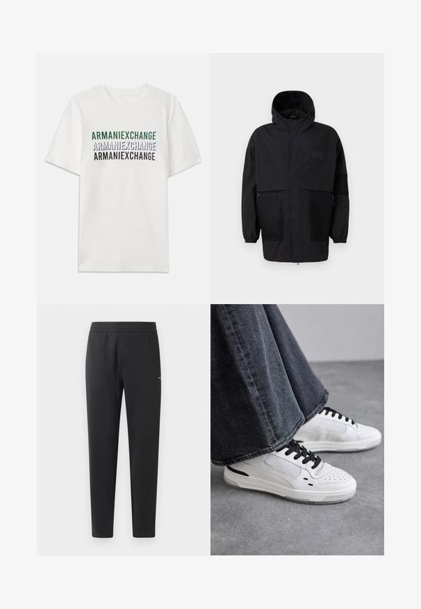 Juodas gobtuvu džemperis, pagamintas iš lengvo audinio, turi tinklinės juosteles, priekinį užtrauktuką ir elastingus rankogalius, leidžiančius pritaikyti dydį.; Balta medvilnė marškinėliai, kuriuose kartojamas tekstas "ARMANIEXCHANGE" žalios, mėlynos ir juodos spalvų. Trumpi rankovės ir klasikinis apvalus kaklas.; Juodos sportinės kelnės, pagamintos iš minkštos medžiagos, su elastinga juosmeniu, tiesiomis kojomis ir nedideliu logotipo akcentu šone.; Balsuoti baltieji sportbačiai su juodomis raištelėmis ir tinklo detalėmis. Turintys lygią odinę viršutinę dalį ir tekstūruotą gumos padą. Su plačiais pilkais džinsais.
