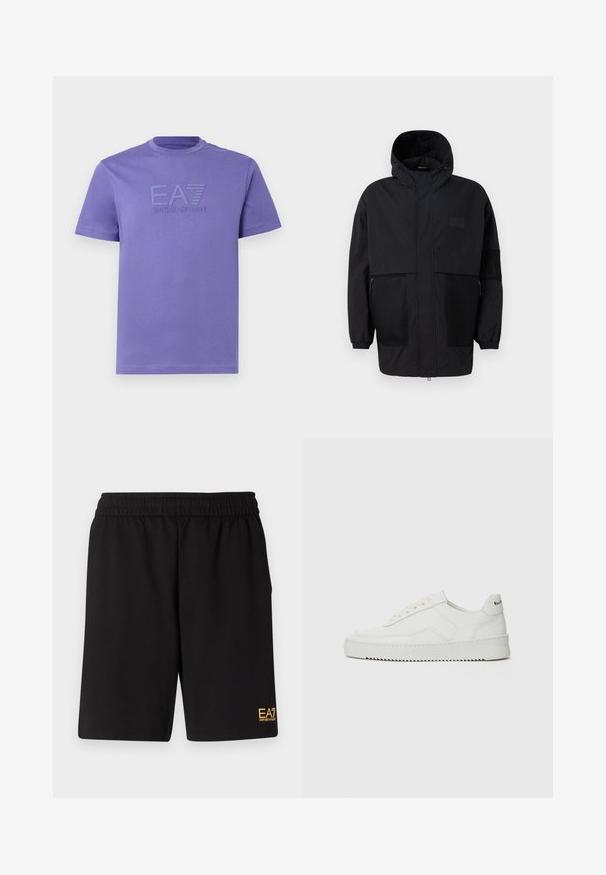 Melnā kapučjaka, kas izgatavota no viegla auduma, ar acs paneļiem, priekšējo rāvējslēdzēju un elastīgām aprocēm, kas nodrošina regulējamu piegulšanu.; Violeta kokvilnas T-krekls ar īsām piedurknēm, kuram priekšpusē ir izcelts EA7 Emporio Armani logo, apaļa kakla izgriezums un gluda tekstūra.; Melnas sporta šortus, kas izgatavoti no mīksta auduma, ar elastīgu jostu un mazu dzeltenu EA7 logo zem kreisā kājas stūra.; Baltas ādas sneakers ar gludu virsmu, apaļu pirkstu daļu, plakaniem šņorēm un teksturētu zoli. Satur diskrētu logotipu uz papēža.