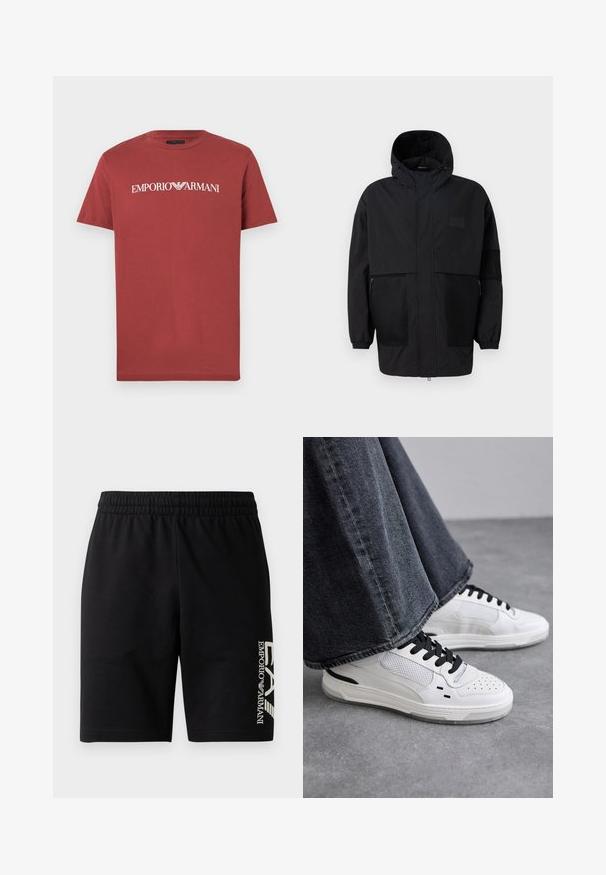 Juodas gobtuvu džemperis, pagamintas iš lengvo audinio, turi tinklinės juosteles, priekinį užtrauktuką ir elastingus rankogalius, leidžiančius pritaikyti dydį.; Raudona medvilninė marškinėlių su baltu "EMPORIO ARMANI" logotipu krūtinės srityje, trumpomis rankovėmis ir klasikiniu apvaliu kaklu.; EA7 Emporio Armani TRAIN VISIBILITY - Šortai - black/cream; Balsuoti baltieji sportbačiai su juodomis raištelėmis ir tinklo detalėmis. Turintys lygią odinę viršutinę dalį ir tekstūruotą gumos padą. Su plačiais pilkais džinsais.