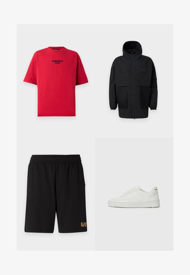 Crna kapuljača od laganog materijala, s mrežastim panelima, prednjim zatvaračem i elastičnim manžetama za prilagodljivu veličinu.; Crvena pamučna majica kratkih rukava s okruglim izrezom i crnim otiskom logotipa "DSQUARED2 MILANO" na prednjoj strani.; Crne atletske kratke hlače od mekanog materijala, s elastičnim pojasom i malim žutim EA7 logotipom na donjoj lijevoj nozi.; Bijele kožne tenisice s glatkom površinom, okruglim vrhom, ravnim vezicama i teksturiranom potplatom. Imaju suptilan logo na peti.