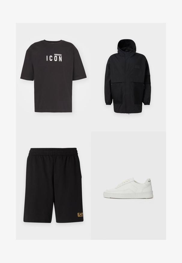 Črna kapuča jakna iz lahkega materiala, ki ima mrežaste panele, sprednje zadrgo in elastične manšete za prilagodljiv fit.; Črna kratka majica iz bombaža z belim tiskanim logotipom "ICON" in besedilom "DSQUARED2" spredaj. Klasika s krožnim izrezom.; Črne športne kratke hlače iz mehkega blaga, z elastičnim pasom in majhnim rumenim logotipom EA7 na spodnjem levem delu noge.; Bela usnjena športna obutev z gladko površino, okroglo prst, ravne vezalke in teksturiran podplat. Ima diskretno logo na peti.
