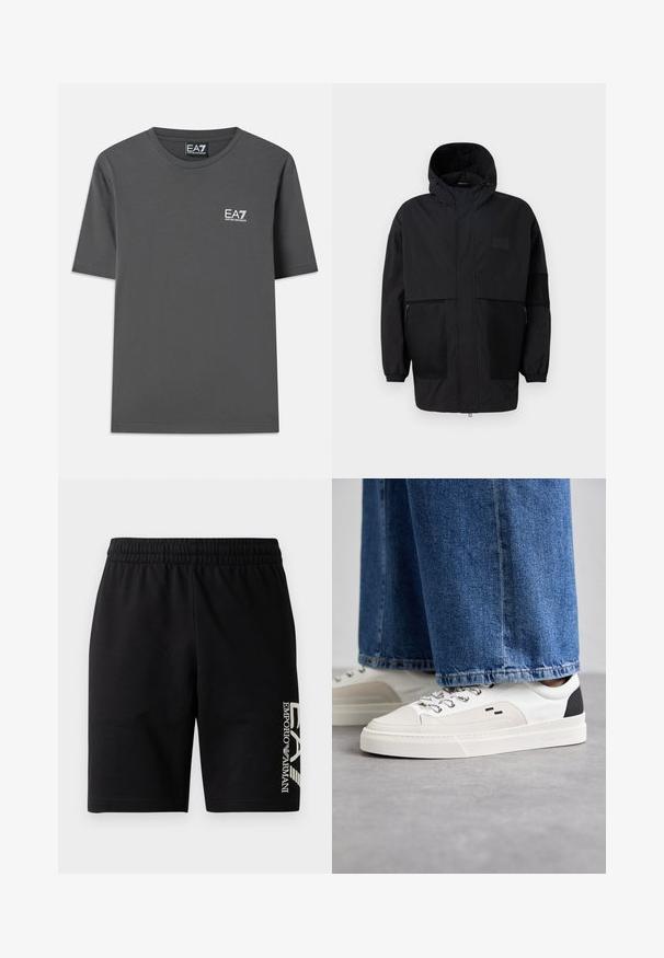 Crna kapuljača od laganog materijala, s mrežastim panelima, prednjim zatvaračem i elastičnim manžetama za prilagodljivu veličinu.; Siva pamučna majica kratkih rukava, okruglog izreza i s malim bijelim logotipom na lijevoj strani prsa. Glatka tekstura i standardni kroj.; EA7 Emporio Armani TRAIN VISIBILITY - Kratke hlače - black/cream; Bijele i crne tenisice s glatkim kožnim gornjištem, teksturiranim detaljima i debelim bijelim potplatom. Imaju klasičan dizajn vezanja.