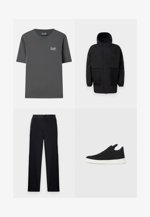 Černá kapucňová bunda vyrobená z lehké tkaniny, s síťovinovými panely, předním zipem a elastickými manžetami pro nastavitelné přizpůsobení.; Šedé tričko s krátkým rukávem vyrobené z bavlny. Má kulatý výstřih a malé bílé logo EA7 na hrudi. Rovný lem.; Černé kalhoty s lehkým, strukturovaným materiálem, rovnými nohavicemi, elastickým pasem a postranními zipovými kapsami.; Černé semišové tenisky s bílou gumovou podrážkou, s tónovým prošitím a šněrováním. Hladký povrch s moderním, aerodynamickým tvarem.