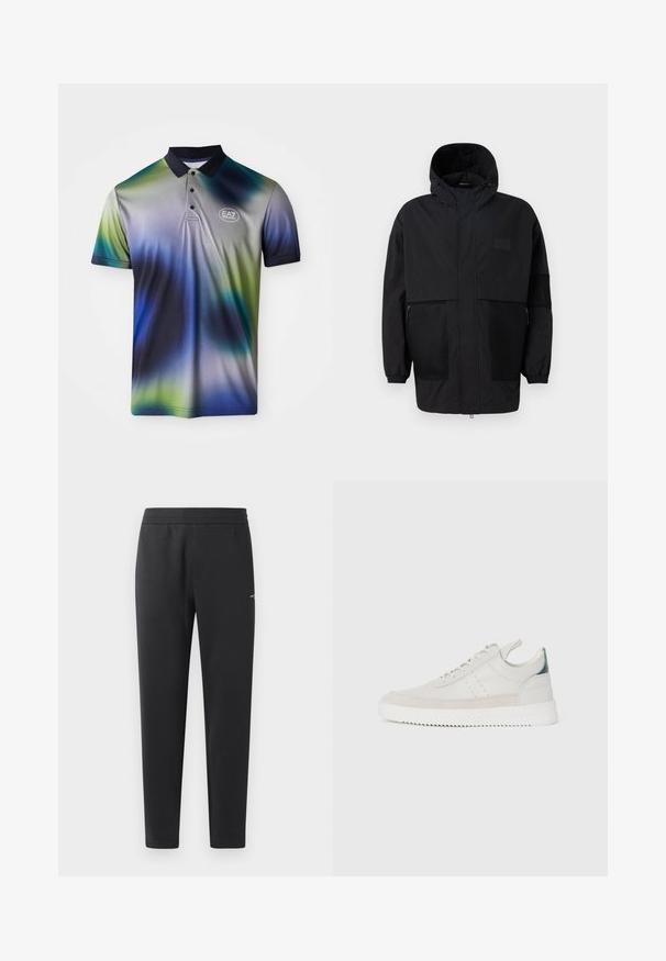 Juodas gobtuvu džemperis, pagamintas iš lengvo audinio, turi tinklinės juosteles, priekinį užtrauktuką ir elastingus rankogalius, leidžiančius pritaikyti dydį.; Polo marškiniai gradientiniais mėlynos, žalios ir pilkos spalvų atspalviais, su kontrastinga tamsia apykakle, trimis mygtukais ir EA7 logotipu ant krūtinės.; Juodos sportinės kelnės, pagamintos iš minkštos medžiagos, su elastinga juosmeniu, tiesiomis kojomis ir nedideliu logotipo akcentu šone.; Balti odiniai sportbačiai su pilkais zomšos akcentais, su raišteliais, su traukimo juostele ir tekstūruota guma, kurioje matomas zigzago raštas.