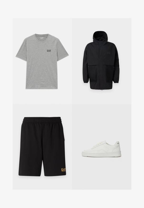 Černá kapucňová bunda vyrobená z lehké tkaniny, s síťovinovými panely, předním zipem a elastickými manžetami pro nastavitelné přizpůsobení.; Šedé tričko s krátkým rukávem a kulatým výstřihem, s malým černým logem "EA7 Emporio Armani" na levé části hrudi.; Černé sportovní šortky vyrobené z měkké látky, s elastickým pasem a malým žlutým logem EA7 na dolní části levé nohy.; Bílé kožené tenisky s hladkým povrchem, kulatou špičkou, plochými tkaničkami a texturovanou podrážkou. Na patě se nachází nenápadné logo.