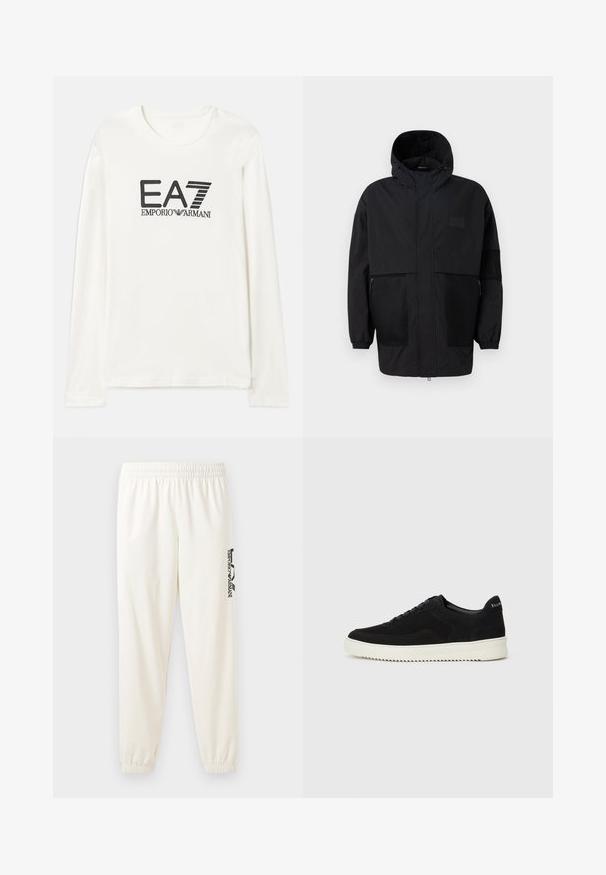 Juodas gobtuvu džemperis, pagamintas iš lengvo audinio, turi tinklinės juosteles, priekinį užtrauktuką ir elastingus rankogalius, leidžiančius pritaikyti dydį.; Kreminės spalvos ilgomis rankovėmis medvilnės marškinėliai su juodu EA7 Emporio Armani logotipo tekstu. Apvalus kaklas ir standartinė silueto forma su tiesiu apvadu. Minkšta tekstūra.; Šviesiai smėlinės spalvos sportinės kelnės su elastine juosta ir elastiniais rankogaliais. Kairėje kojoje yra juodai spausdintas logotipas. Minkšta audinio tekstūra.; Juodos veliūrinės sportinės bateliai su raištelių dizainu ir kontrastinga balta gumine padais. Yra tekstūruoti šoniniai skydeliai ir subtilus logotipas ant kulno.