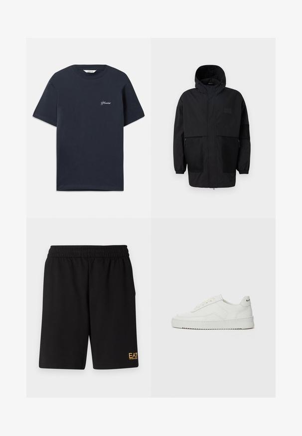 Μαύρο φούτερ τζάκετ από ελαφρύ ύφασμα, με πλέγμα, μπροστινό φερμουάρ και ελαστικούς καρπούς για ρυθμιζόμενη εφαρμογή.; Ναυτικό μπλε βαμβακερό μπλουζάκι με κοντά μανίκια. Διαθέτει λευκό κεντημένο λογότυπο μάρκας στο αριστερό στήθος. Κλασική στρογγυλή λαιμόκοψη.; Μαύρες αθλητικές βερμούδες από μαλακό ύφασμα, με ελαστική μέση και μικρό λογότυπο EA7 στο κάτω αριστερό πόδι.; Λευκό δερμάτινο sneakers με λείο φινίρισμα, στρογγυλή μύτη, επίπεδα κορδόνια και υφή στην σόλα. Φέρει μια διακριτική λογότυπο στη φτέρνα.