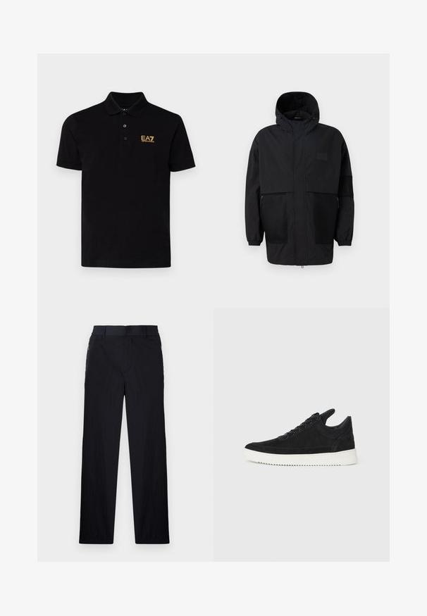 Svart hettejakke laget av lettvektig stoff, med mesh-paneler, en front glidelås og elastiske mansjetter for justerbar passform.; Svart polo skjorte laget av bomull med klassisk krage, med tre knapper i halsen og en gull EA7-logo på venstre bryst.; Sorte bukser med lett og teksturert stoff, rett ben-design, elastisk midjebånd og sidelommer med glidelås.; Sorte semskede sneakers med hvit gummisåle, med tonale sømmer og snøring. Glatt tekstur med en moderne, strømlinjeformet form.
