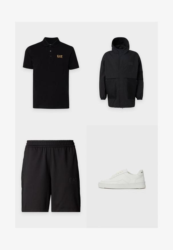 Črna kapuča jakna iz lahkega materiala, ki ima mrežaste panele, sprednje zadrgo in elastične manšete za prilagodljiv fit.; Črne polo majice iz bombaža s klasičnim ovratnikom, ki ima tri gumbe na vratu in zlat logotip EA7 na levem prsnem delu.; Črne športne hlače iz lahkotnega materiala, z elastičnim pasom in mrežastimi stranskimi paneli. Logotip blagovne znamke potiskan spredaj.; Bela usnjena športna obutev z gladko površino, okroglo prst, ravne vezalke in teksturiran podplat. Ima diskretno logo na peti.