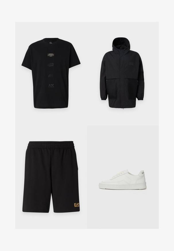 Melnā kapučjaka, kas izgatavota no viegla auduma, ar acs paneļiem, priekšējo rāvējslēdzēju un elastīgām aprocēm, kas nodrošina regulējamu piegulšanu.; Melna kokvilnas t-kreklā ar apaļu kaklu, īsām piedurknēm un vairākiem reljefiem logo dažādās izmēros un melnā nokrāsā uz priekšpuses.; Melnas sporta šortus, kas izgatavoti no mīksta auduma, ar elastīgu jostu un mazu dzeltenu EA7 logo zem kreisā kājas stūra.; Baltas ādas sneakers ar gludu virsmu, apaļu pirkstu daļu, plakaniem šņorēm un teksturētu zoli. Satur diskrētu logotipu uz papēža.