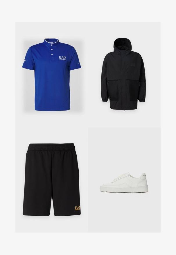 Černá kapucňová bunda vyrobená z lehké tkaniny, s síťovinovými panely, předním zipem a elastickými manžetami pro nastavitelné přizpůsobení.; Modrá polo trička s stojáčkovým límcem, dvěma knoflíky a krátkými rukávy. Obsahuje logo na hrudi a akcentní detaily na rukávech.; Černé sportovní šortky vyrobené z měkké látky, s elastickým pasem a malým žlutým logem EA7 na dolní části levé nohy.; Bílé kožené tenisky s hladkým povrchem, kulatou špičkou, plochými tkaničkami a texturovanou podrážkou. Na patě se nachází nenápadné logo.