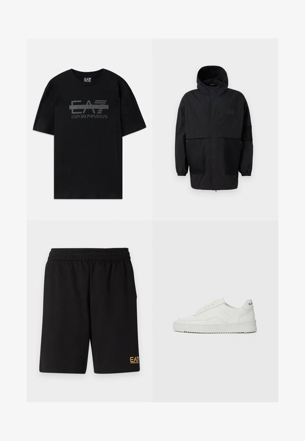 Casaco preto com capuz, feito de um tecido leve, apresentando painéis de malha, um fecho éclair frontal e punhos elásticos para um ajuste ajustável.; T-shirt preta de algodão com decote redondo e mangas curtas. Apresenta um logo preto brilhante "EA7 EMPORIO ARMANI" impresso na parte da frente.; Calções desportivos pretos feitos de um tecido suave, com um cós elástico e um pequeno logótipo amarelo EA7 na parte inferior da perna esquerda.; Sapatilha de couro branco com acabamento suave, bico redondo, atacadores planos e uma sola texturizada. Apresenta um logotipo discreto no calcanhar.