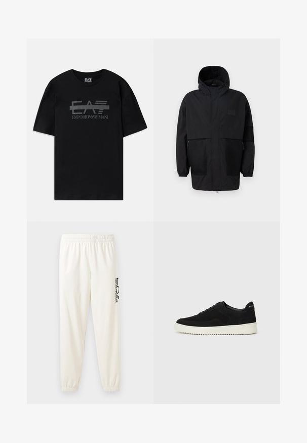 Juodas gobtuvu džemperis, pagamintas iš lengvo audinio, turi tinklinės juosteles, priekinį užtrauktuką ir elastingus rankogalius, leidžiančius pritaikyti dydį.; Juodas medvilninis marškinėliai su apvaliu kaklu ir trumpomis rankovėmis. Priekį puošia blizgus juodas logotipas "EA7 EMPORIO ARMANI".; Šviesiai smėlinės spalvos sportinės kelnės su elastine juosta ir elastiniais rankogaliais. Kairėje kojoje yra juodai spausdintas logotipas. Minkšta audinio tekstūra.; Juodos veliūrinės sportinės bateliai su raištelių dizainu ir kontrastinga balta gumine padais. Yra tekstūruoti šoniniai skydeliai ir subtilus logotipas ant kulno.